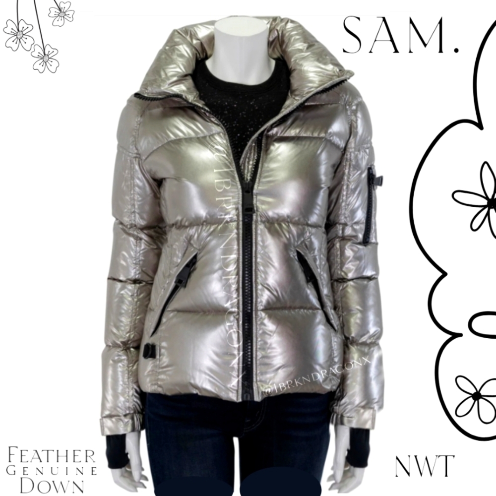 SAM. METALLIC PEWTER SILVER DOWN FEATHER COAT BRAND NEW PUFFER WINTER COAT SAM. - Picture 2 of 16